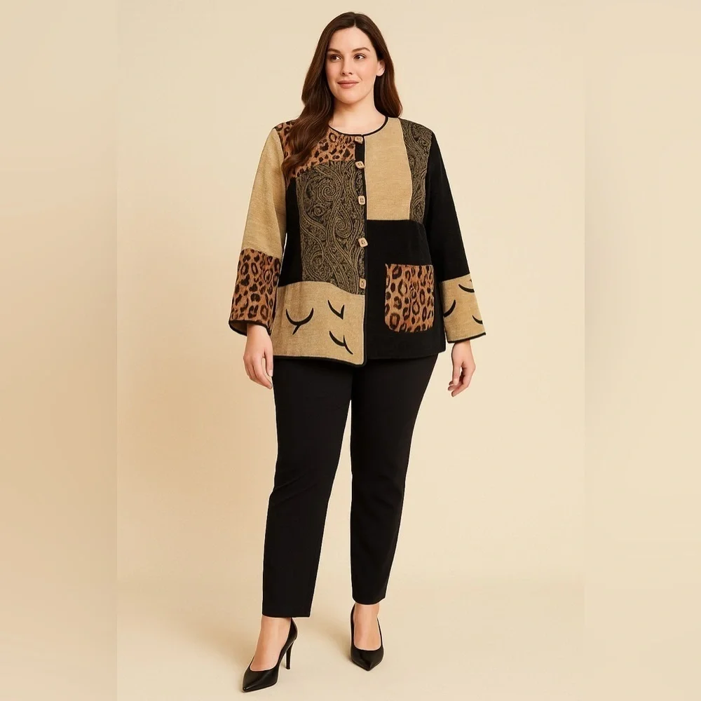 Indigo Moon women’s patchwork jacket 1X- leopard print, paisley
